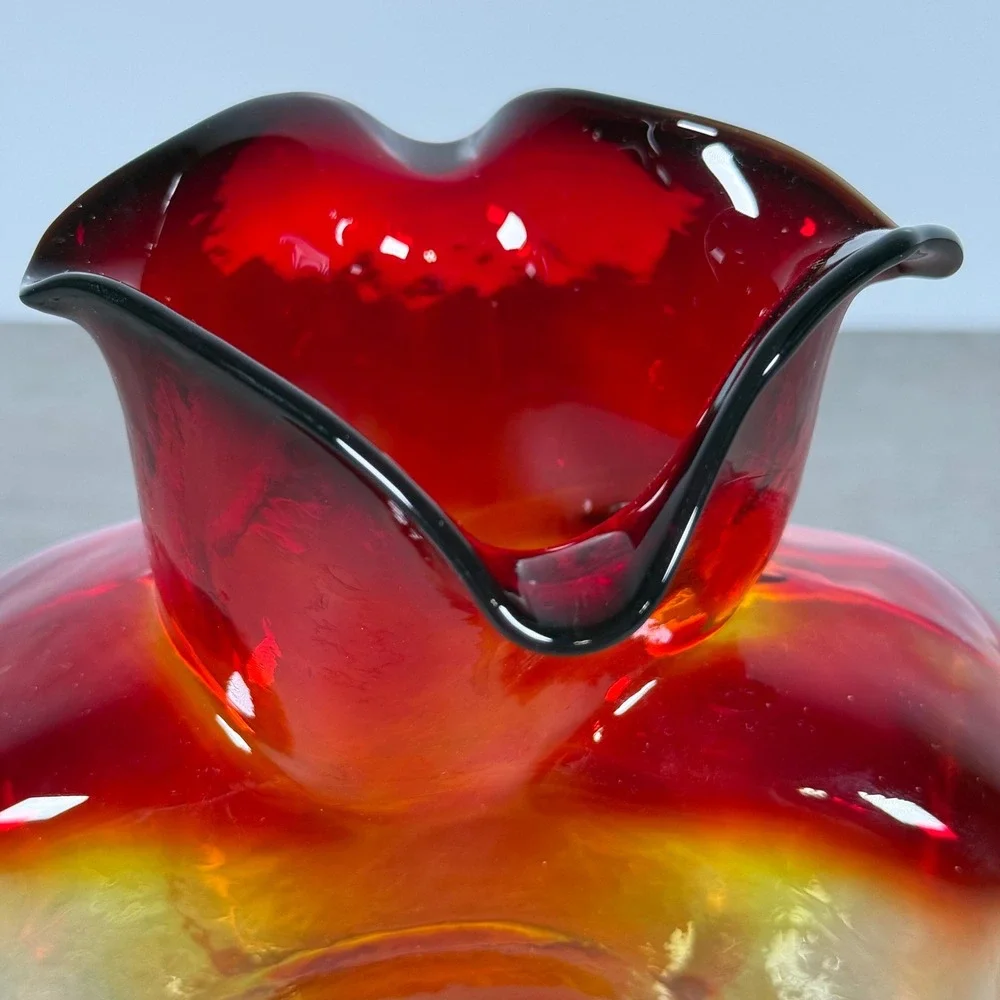 Blenko 2008 Amberina Water Bottle Vase Red Yellow Double Spout 8